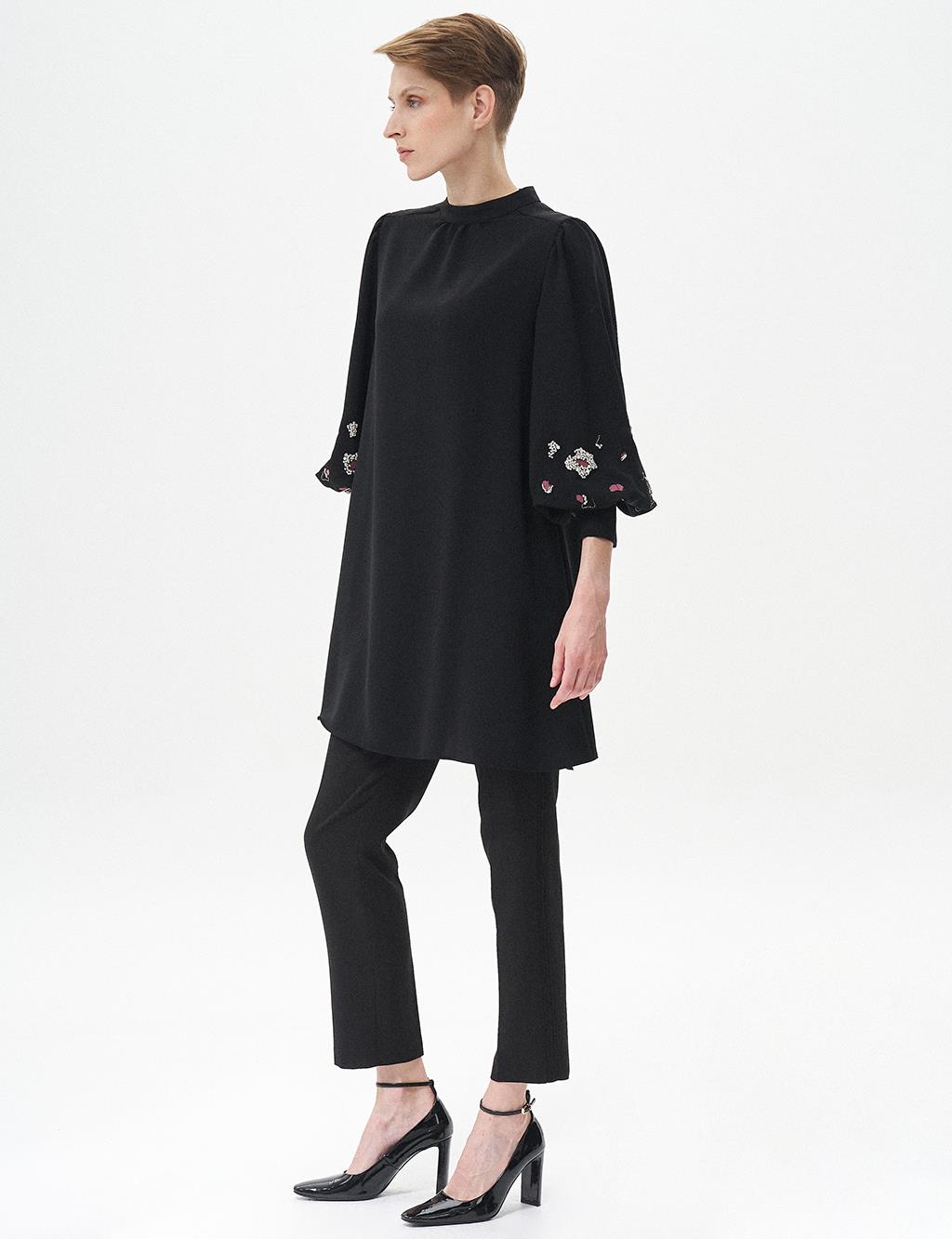 Embroidered Wide Cuff Tunic Black