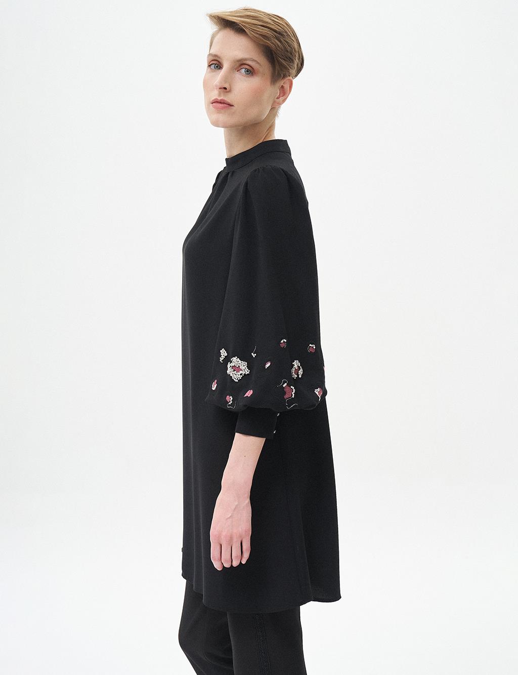 Embroidered Wide Cuff Tunic Black