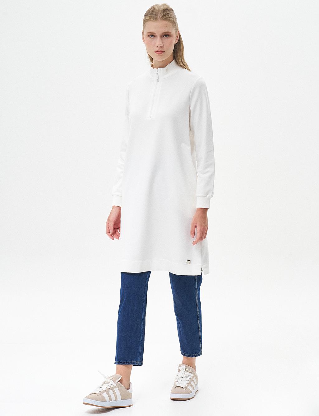 Half Zipper Closure Tunic Ecru