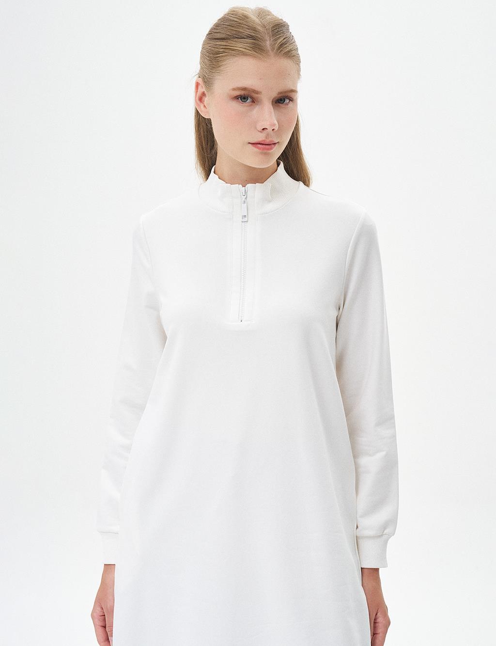 Half Zipper Closure Tunic Ecru