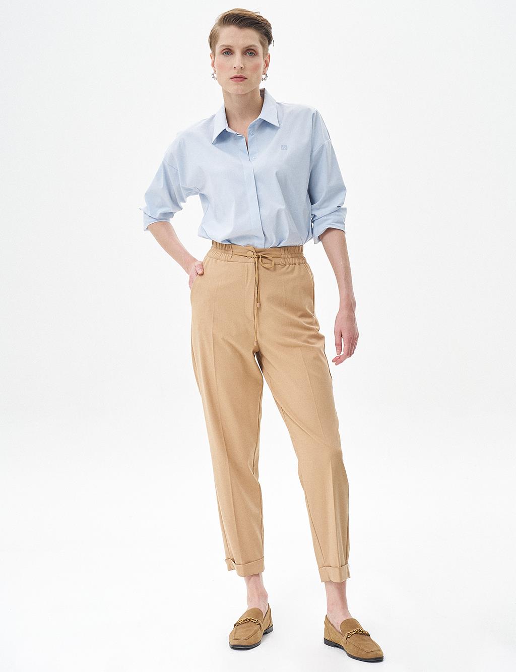 Elastic Waisted Grass Trousers Beige