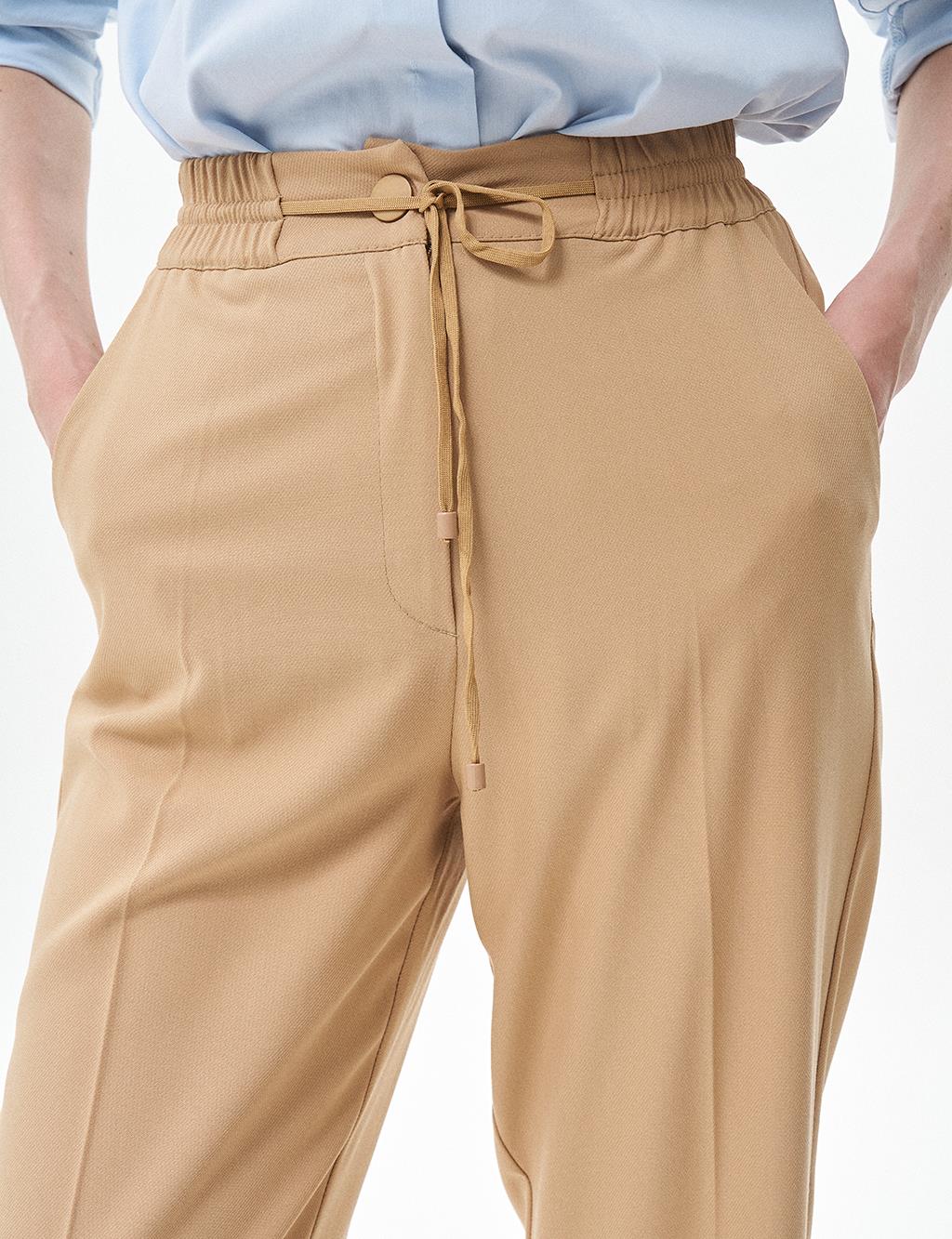 Elastic Waisted Grass Trousers Beige