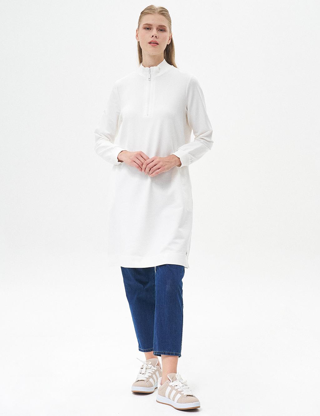 Half Zipper Closure Tunic Ecru