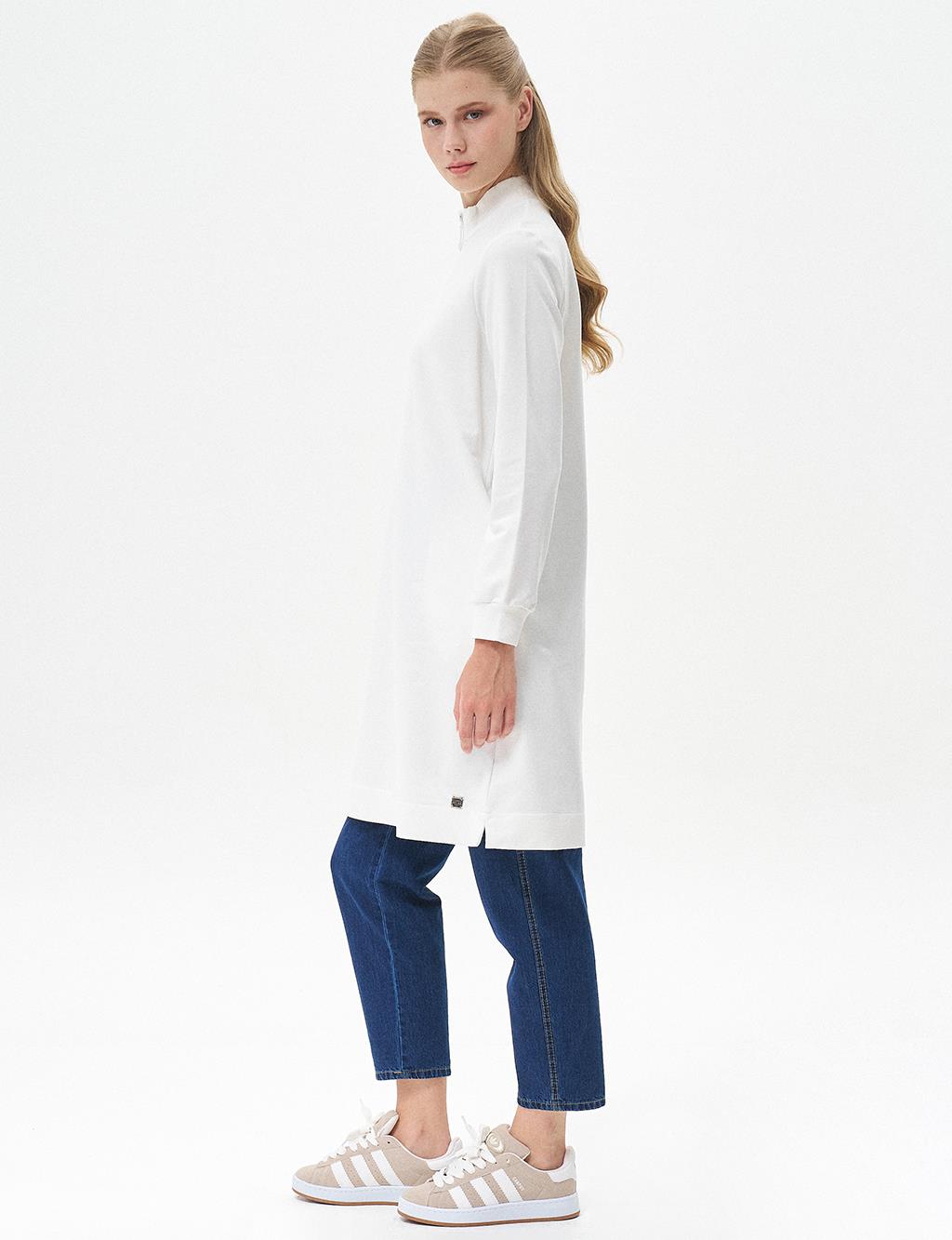 Half Zipper Closure Tunic Ecru