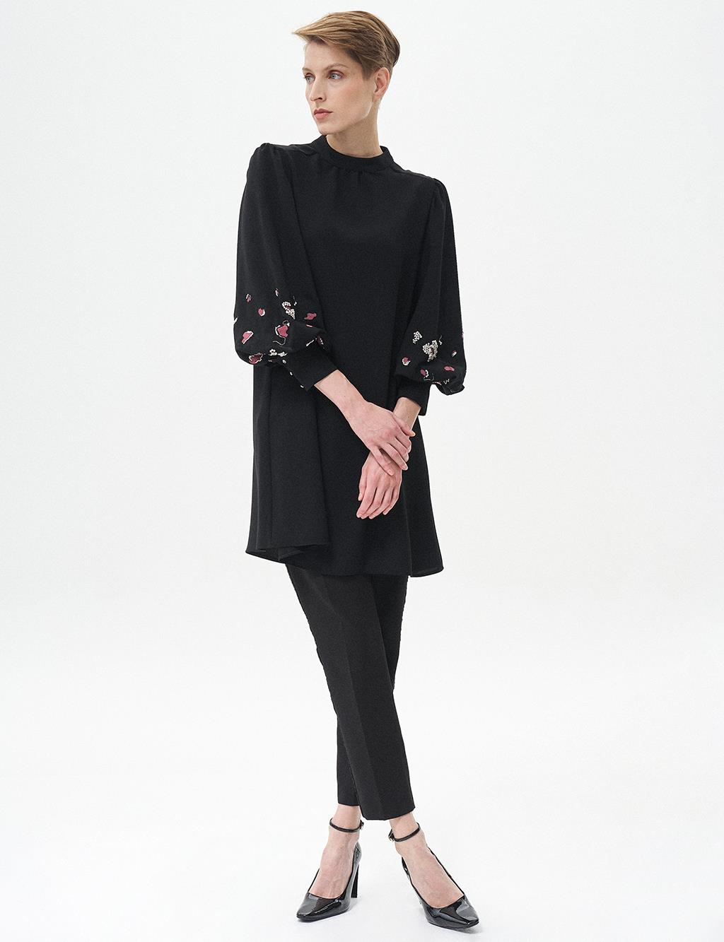 Embroidered Wide Cuff Tunic Black