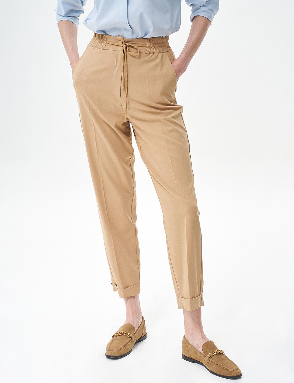 Elastic Waisted Grass Trousers Beige