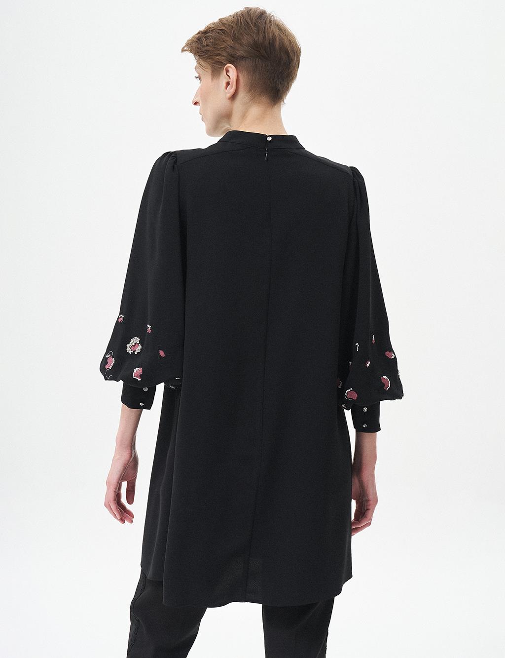 Embroidered Wide Cuff Tunic Black