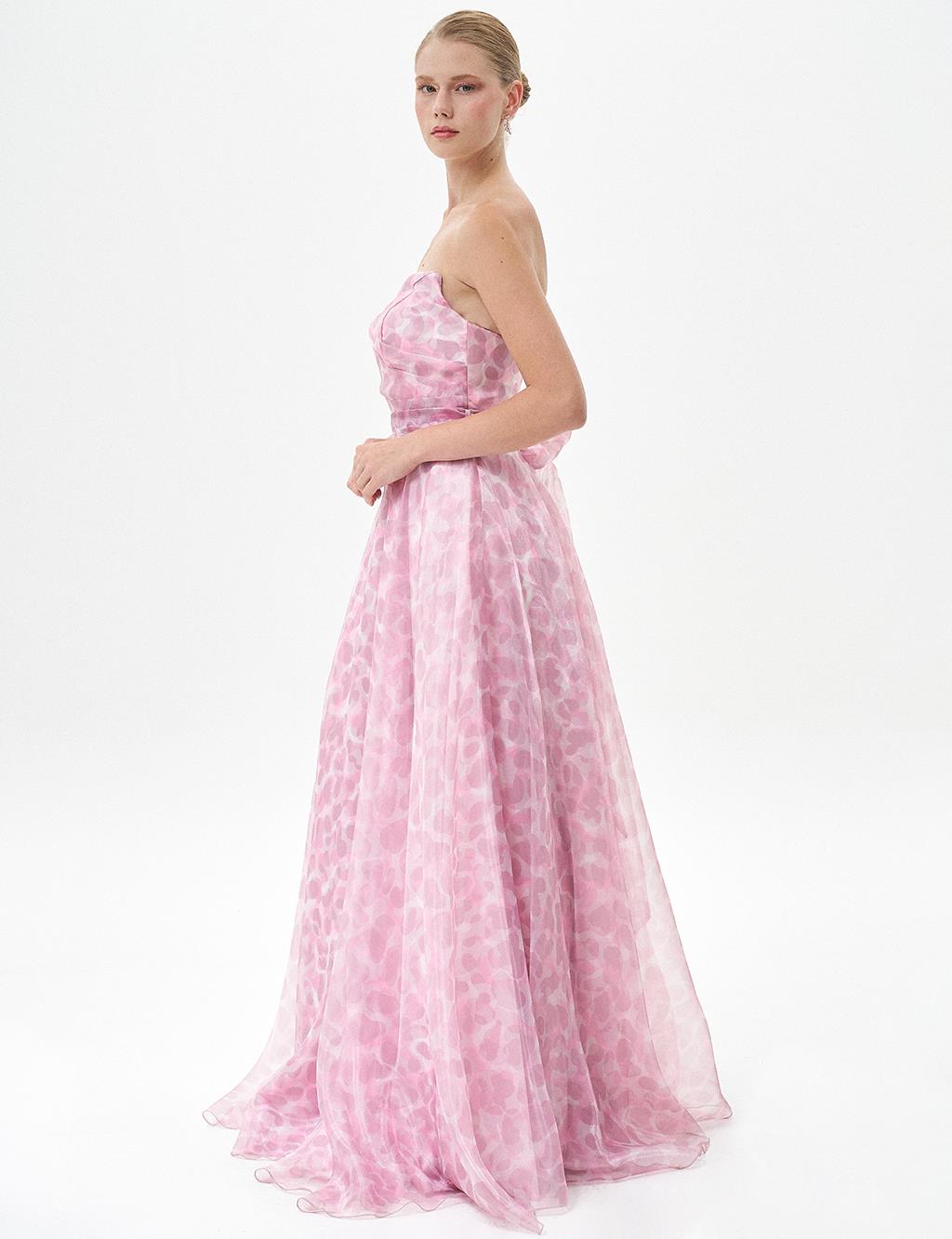 Strapless Abstract Pattern Evening Dress Powder
