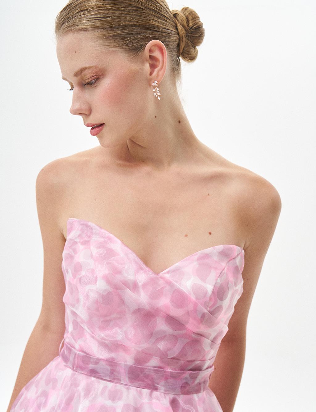 Strapless Abstract Pattern Evening Dress Powder