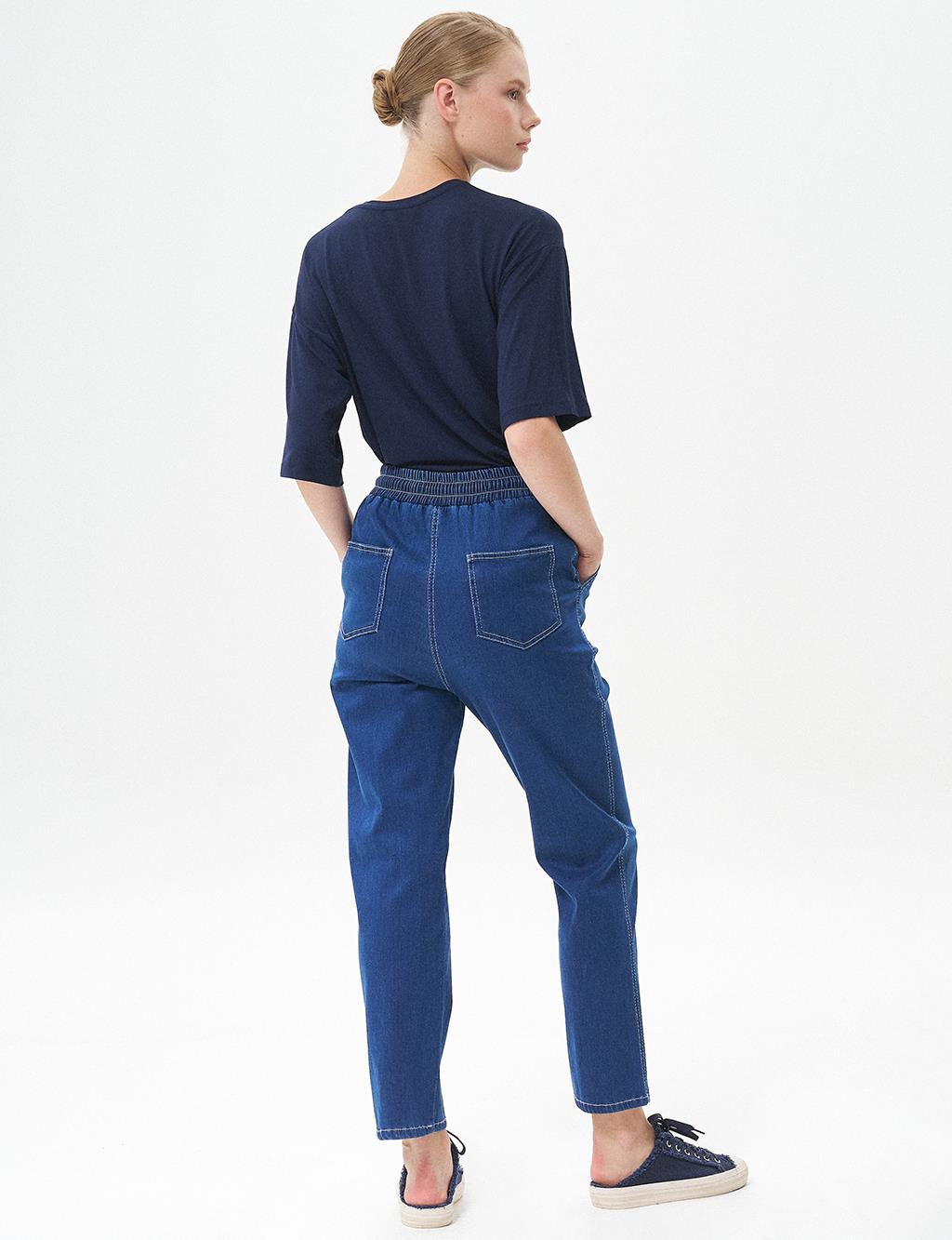 Carrot Cut Lyocell Trousers Navy Blue