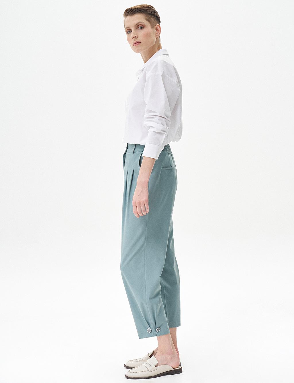 Pleated Accessory Detailed Elastic Waist Trousers Navy Blue