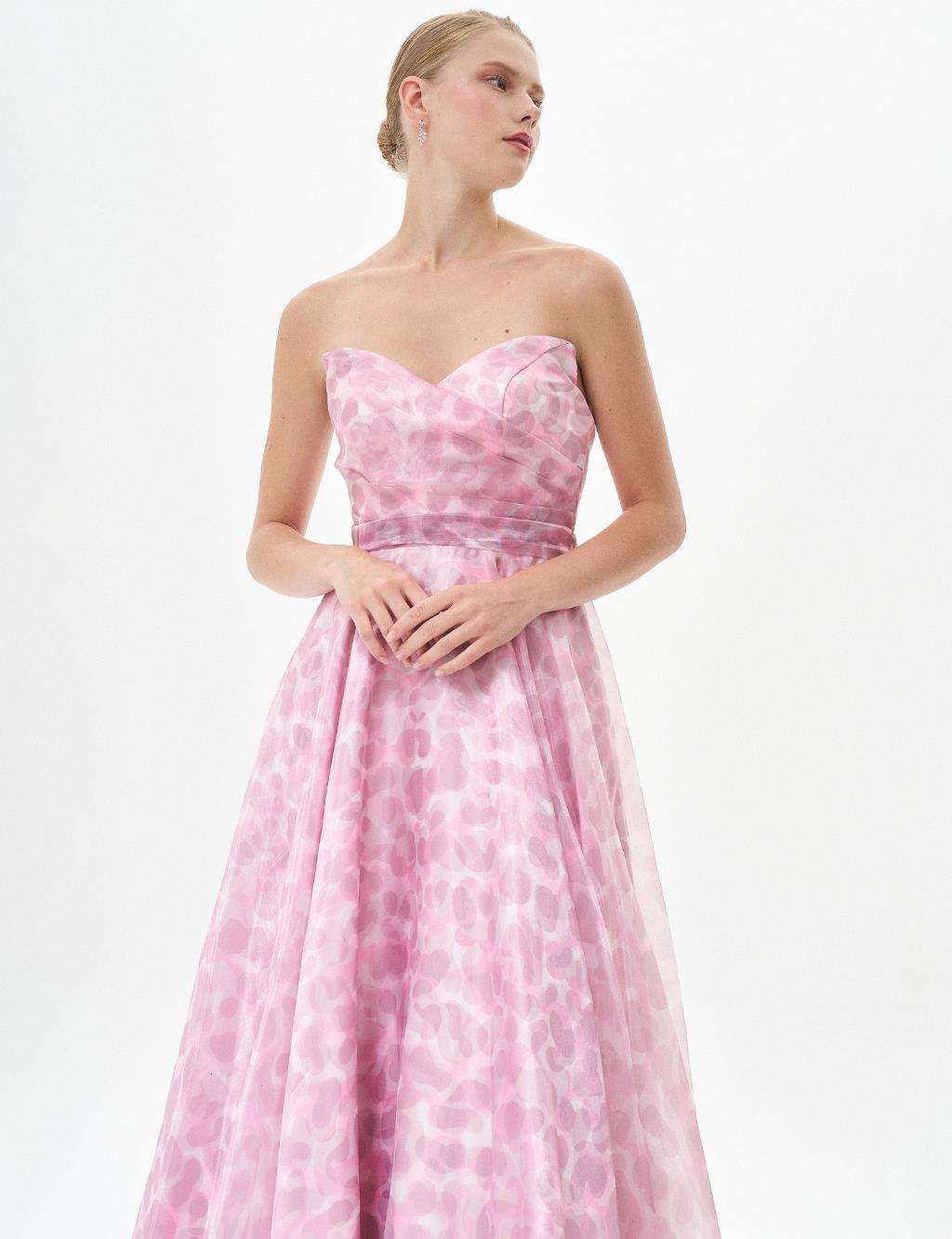 Strapless Abstract Pattern Evening Dress Powder
