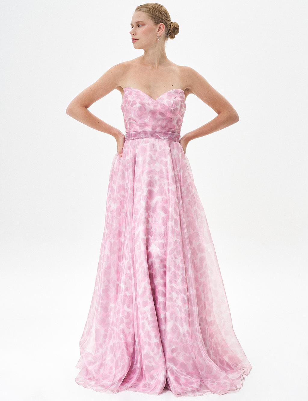 Strapless Abstract Pattern Evening Dress Powder