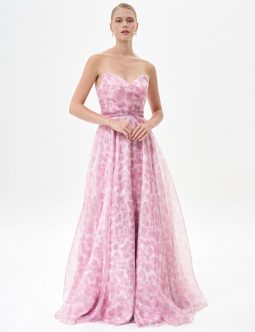 Strapless Abstract Pattern Evening Dress Powder