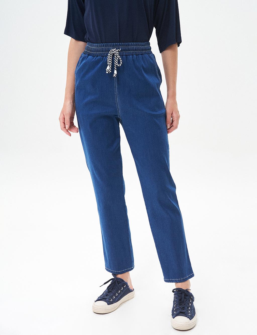 Carrot Cut Lyocell Trousers Navy Blue