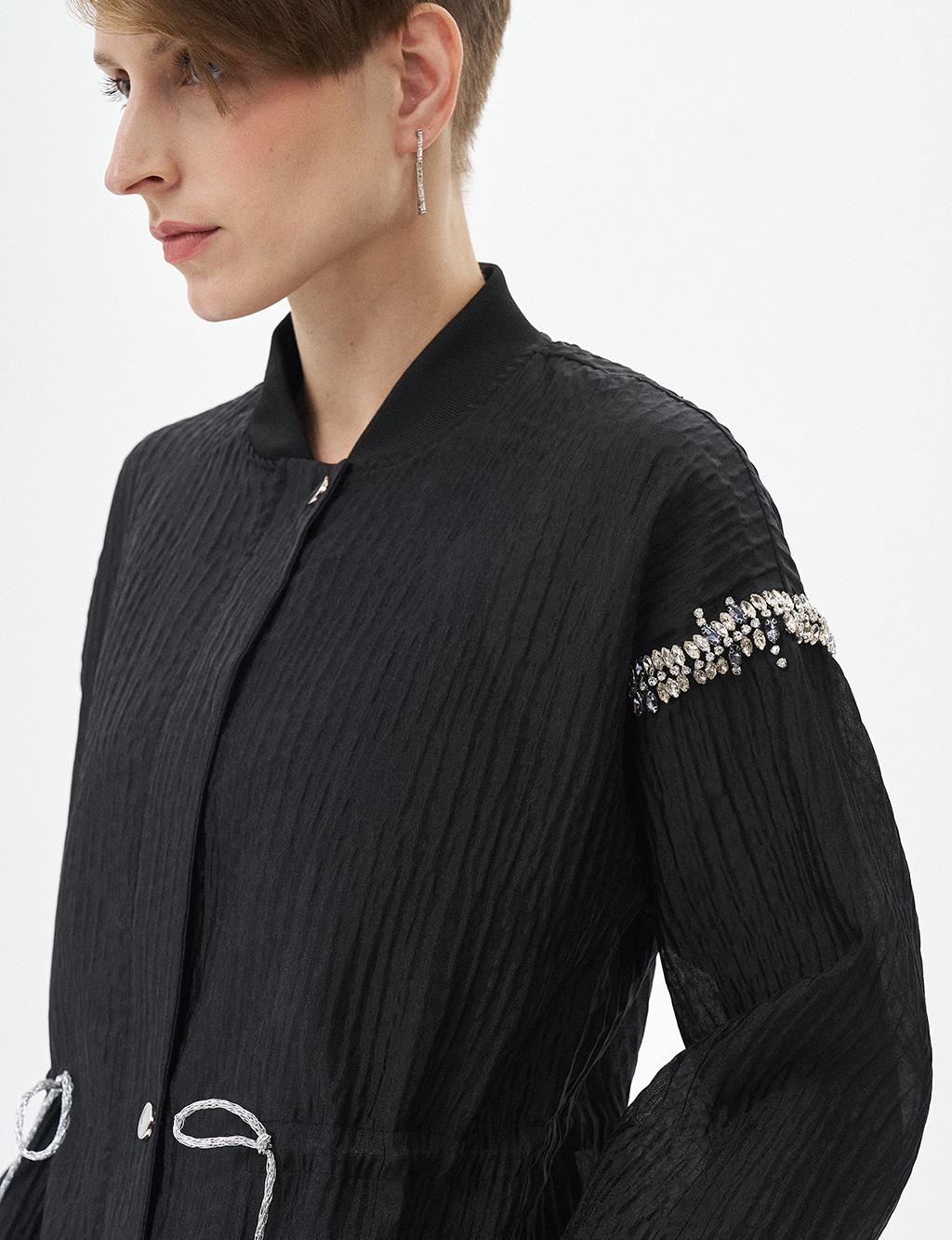 Stone Embroidered Embossed Jacket Black