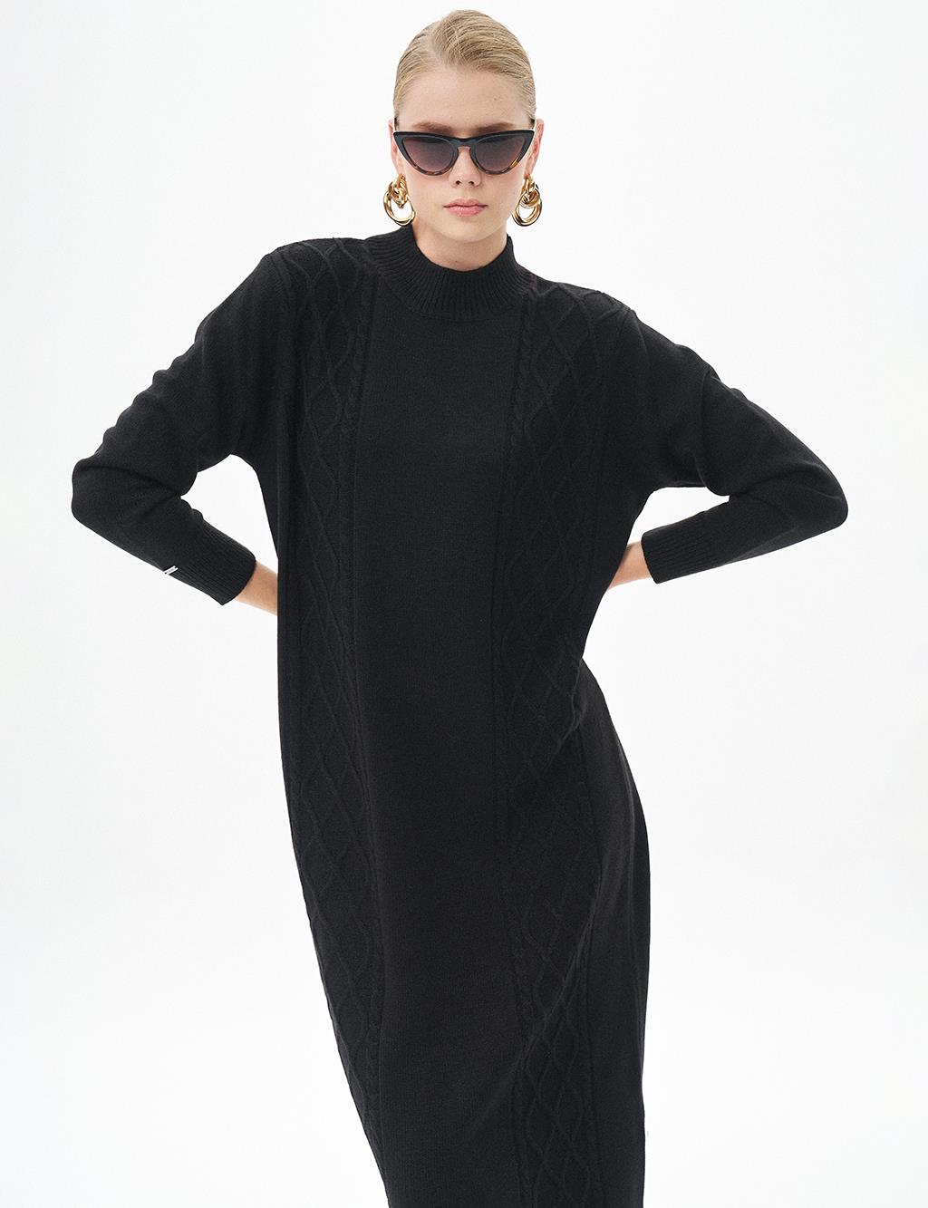 Knitted Patterned Knit Dress Black