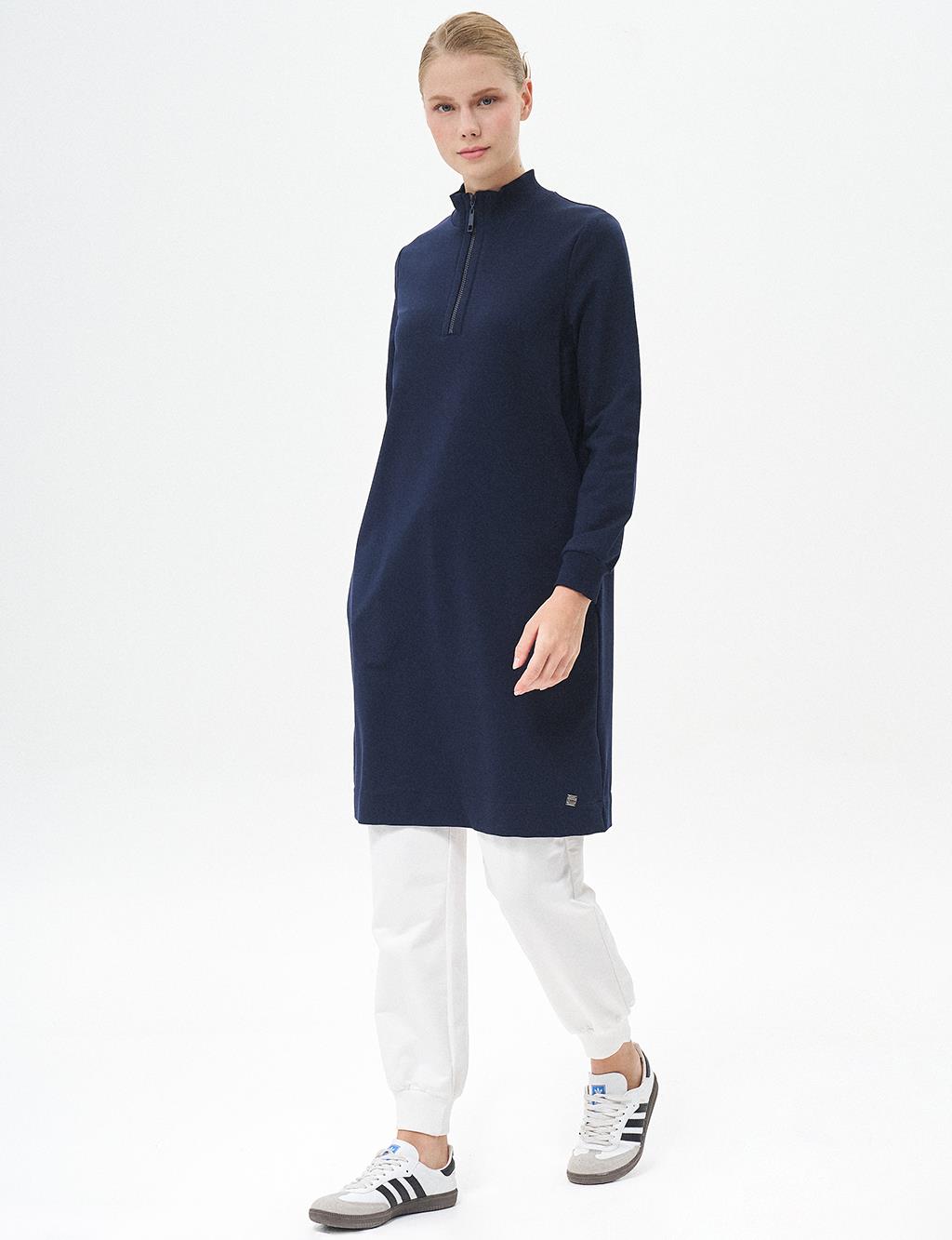 Half Zipper Closure Tunic Navy Blue