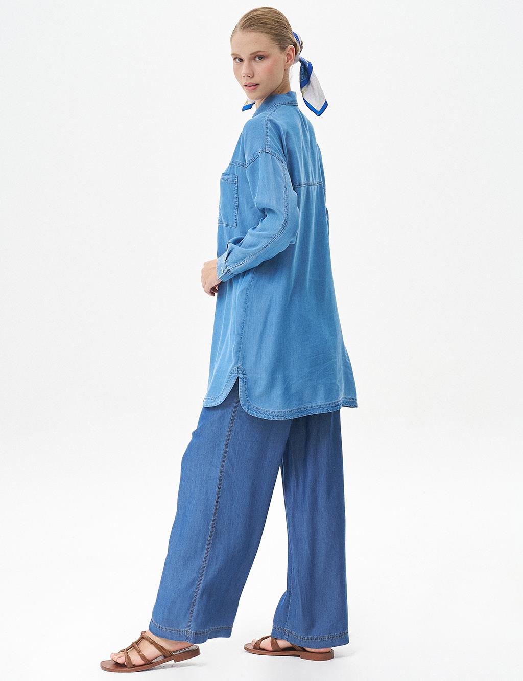 Single Pocket Shirt Collar Tunic Blue