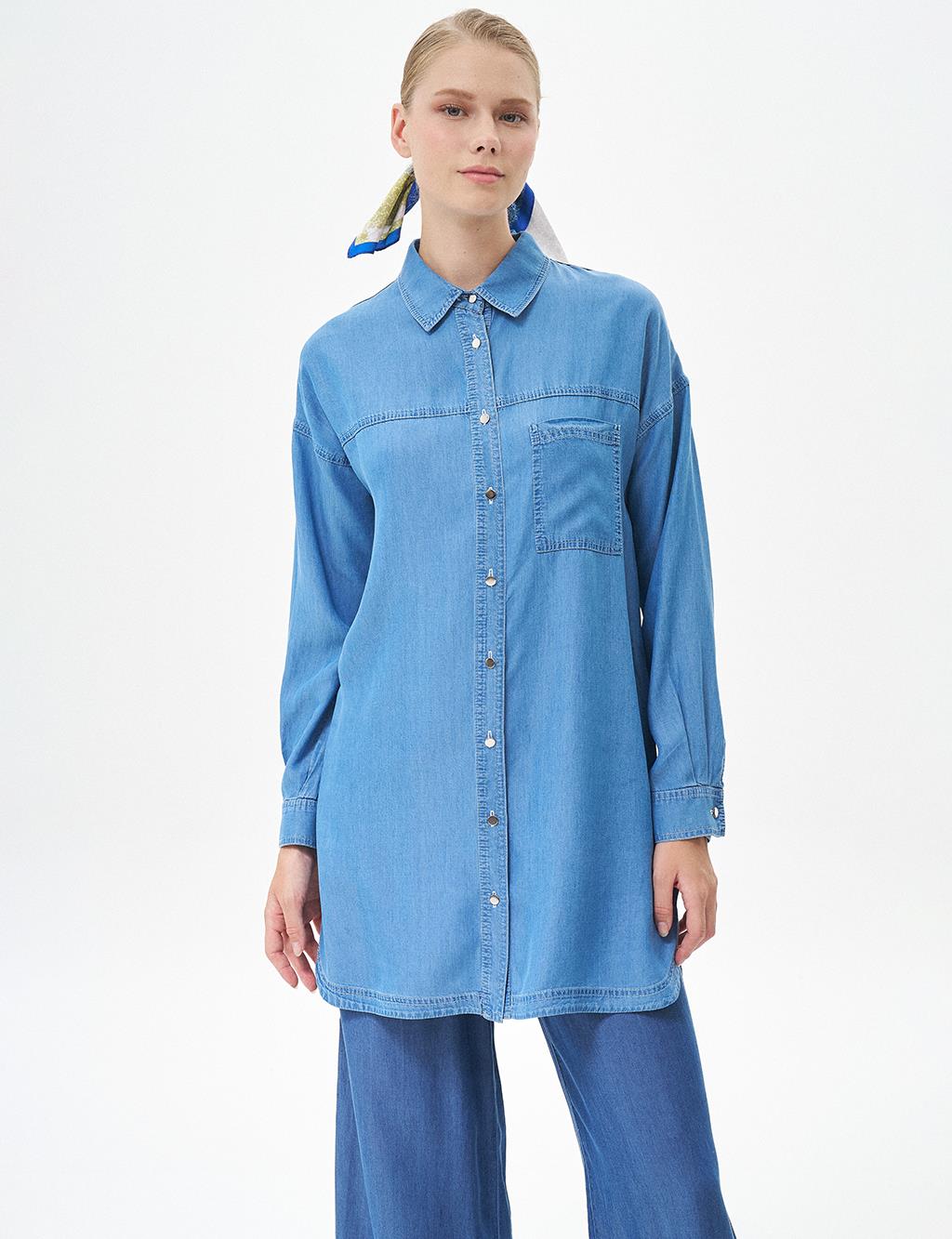 Single Pocket Shirt Collar Tunic Blue