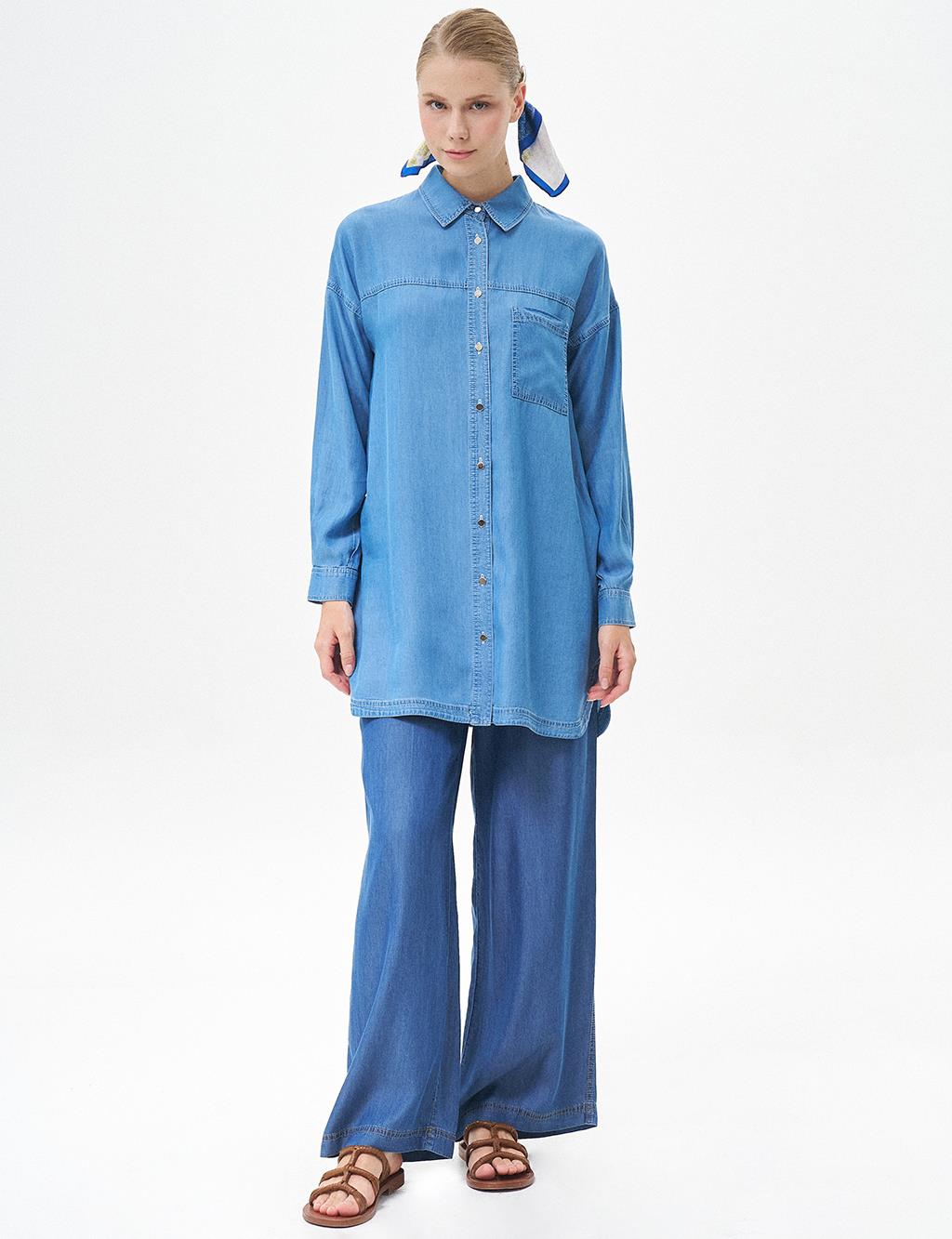 Single Pocket Shirt Collar Tunic Blue