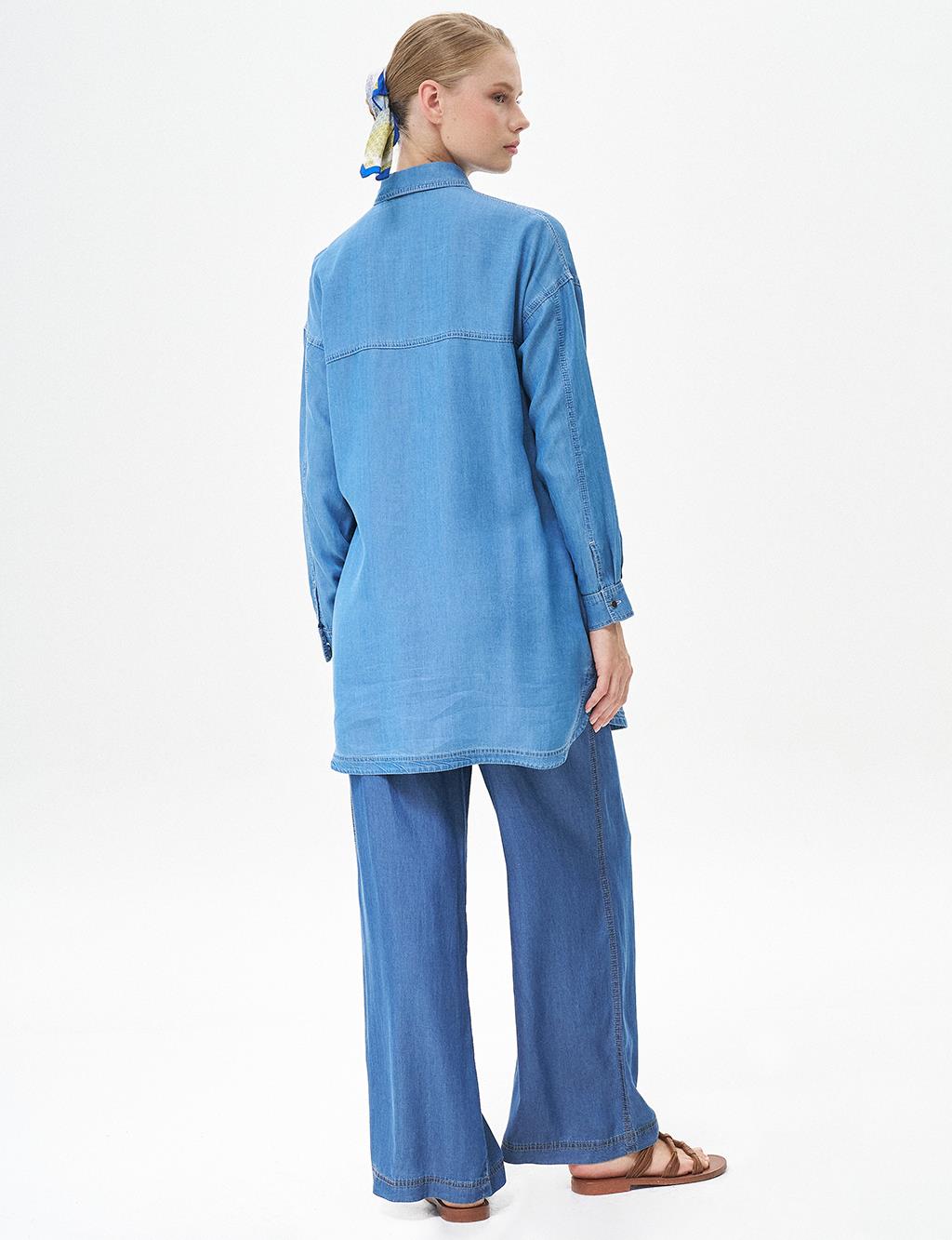 Single Pocket Shirt Collar Tunic Blue