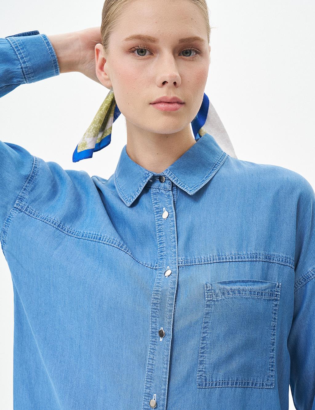 Single Pocket Shirt Collar Tunic Blue