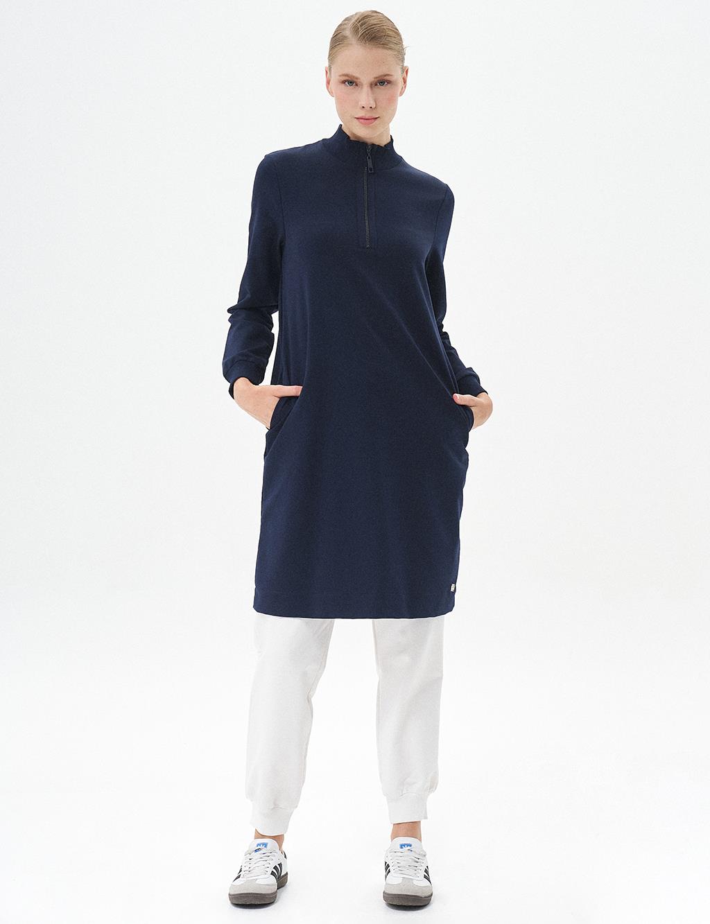 Half Zipper Closure Tunic Navy Blue