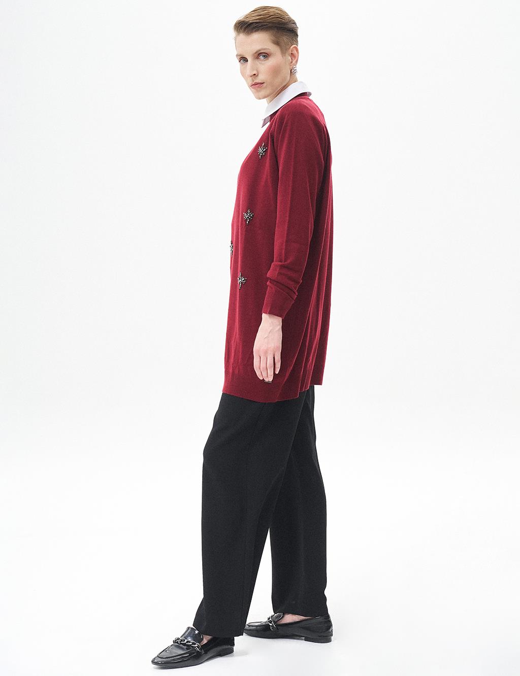 Stone Embroidered Turtleneck Tunic Burgundy