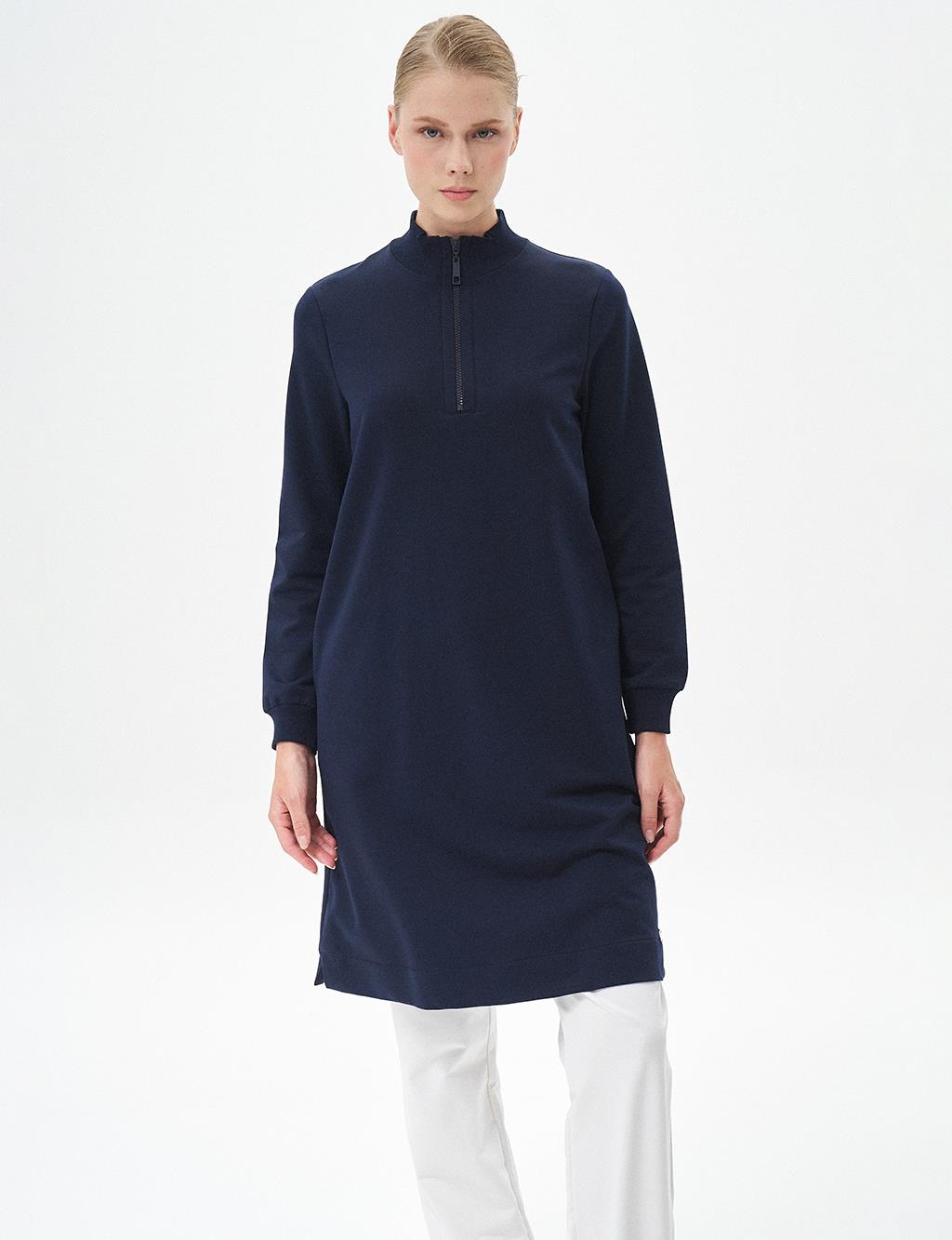 Half Zipper Closure Tunic Navy Blue