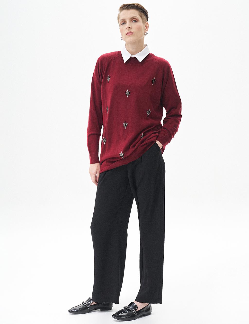 Stone Embroidered Turtleneck Tunic Burgundy