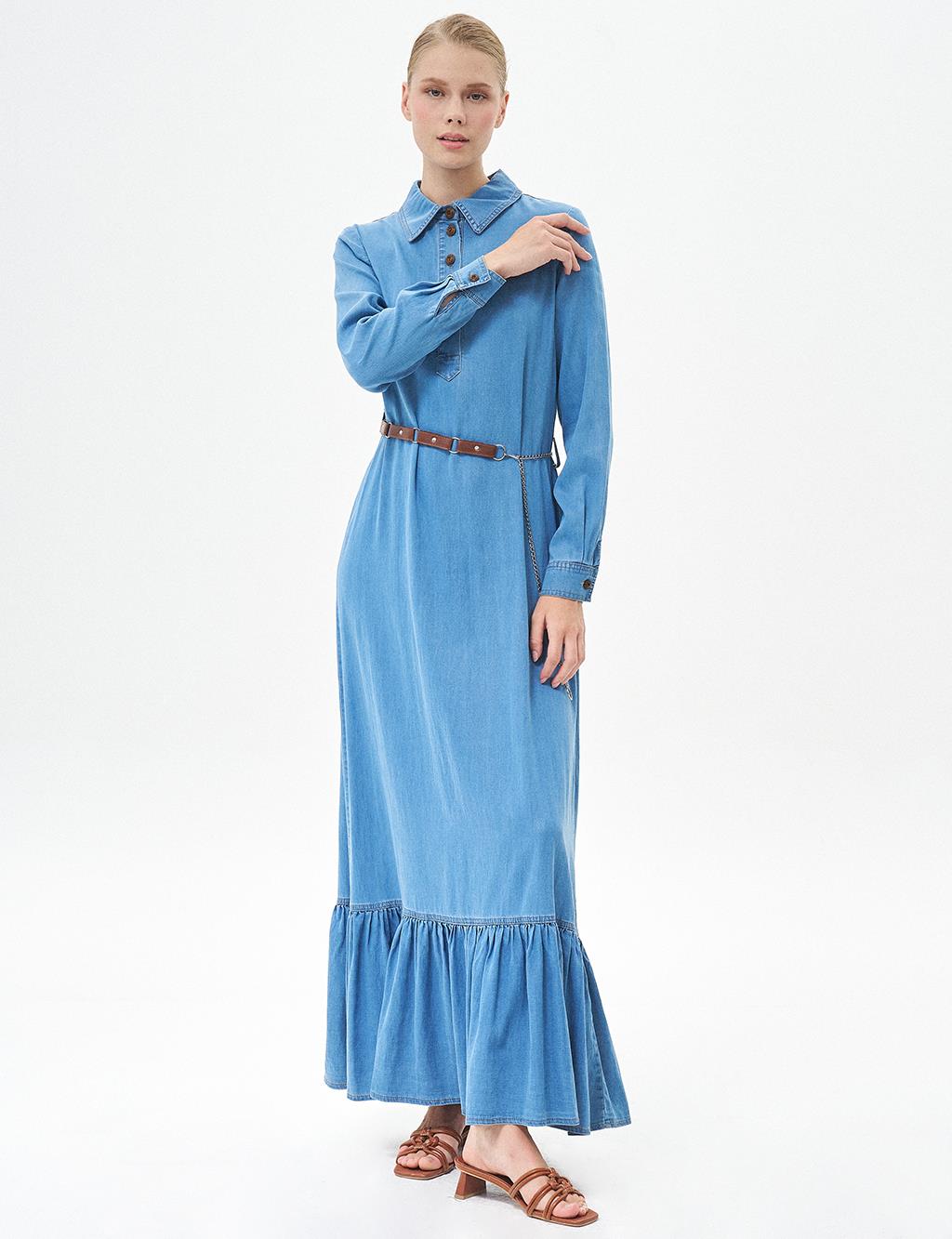 Chain Belted Lyocell Dress Blue