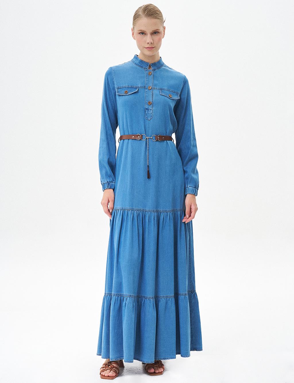 Fringed Skirt Half Placket Button Closure Lyocell Dress Blue
