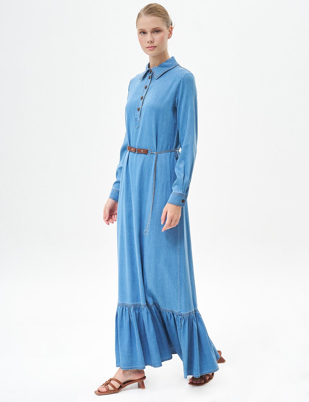 Chain Belted Lyocell Dress Blue