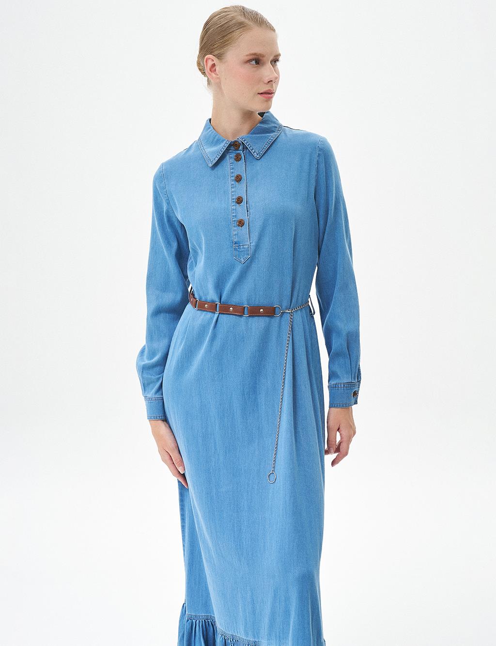 Chain Belted Lyocell Dress Blue