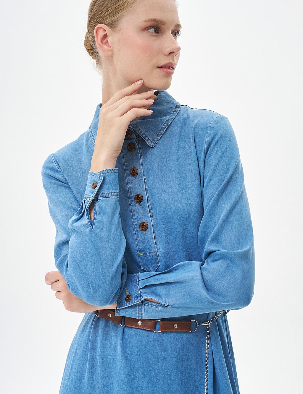 Chain Belted Lyocell Dress Blue