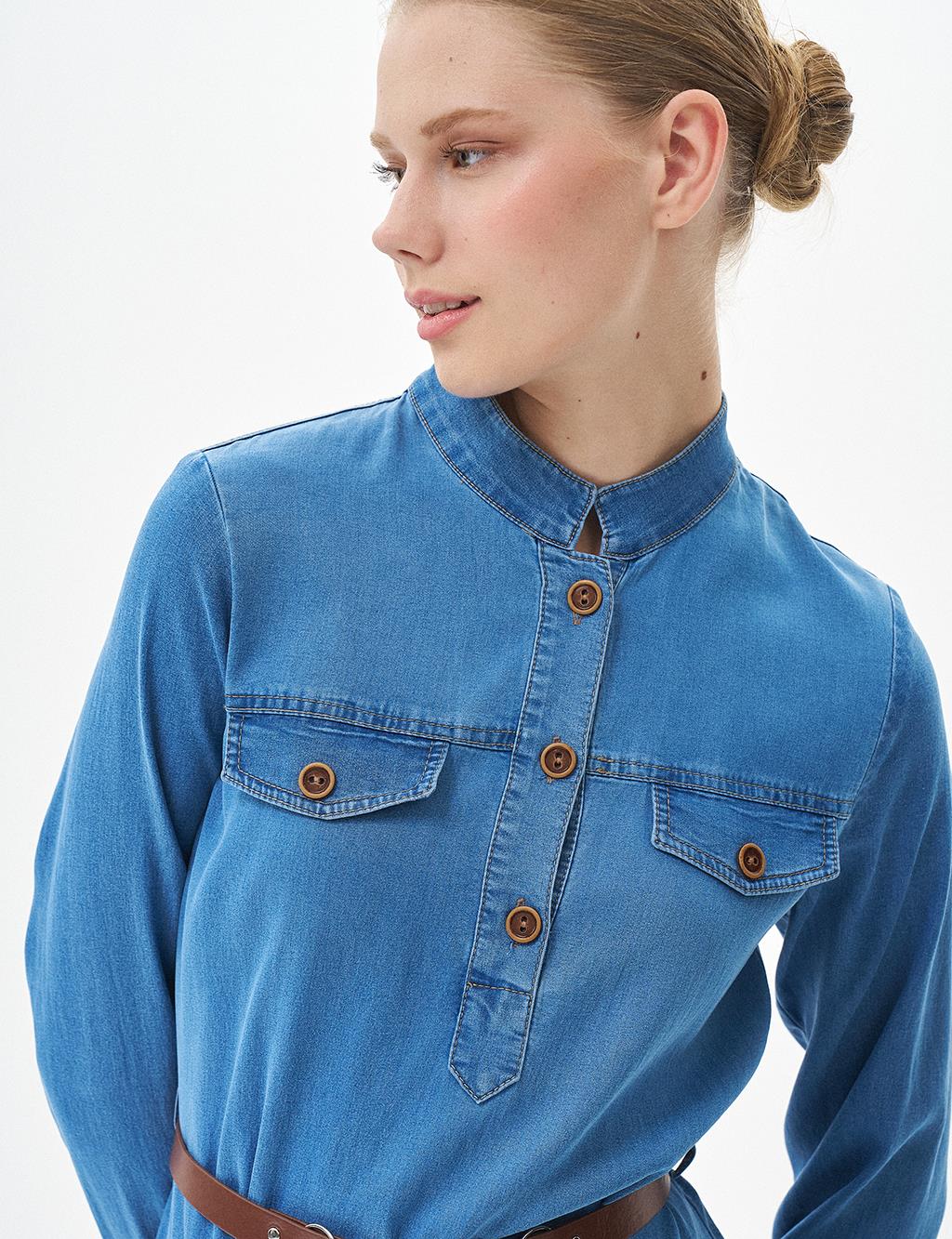 Fringed Skirt Half Placket Button Closure Lyocell Dress Blue