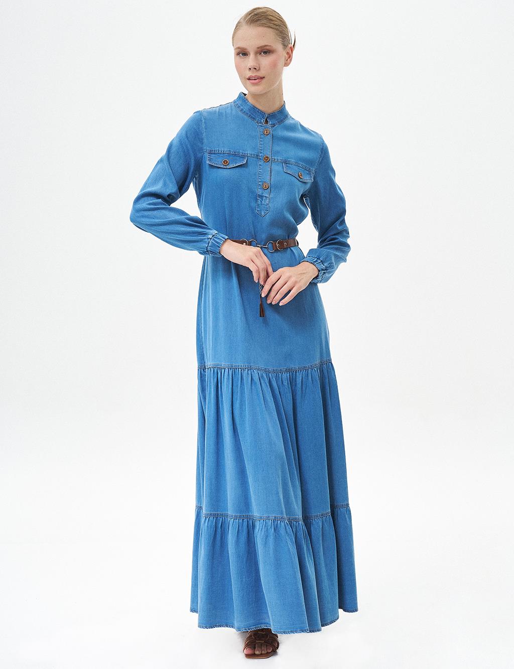 Fringed Skirt Half Placket Button Closure Lyocell Dress Blue