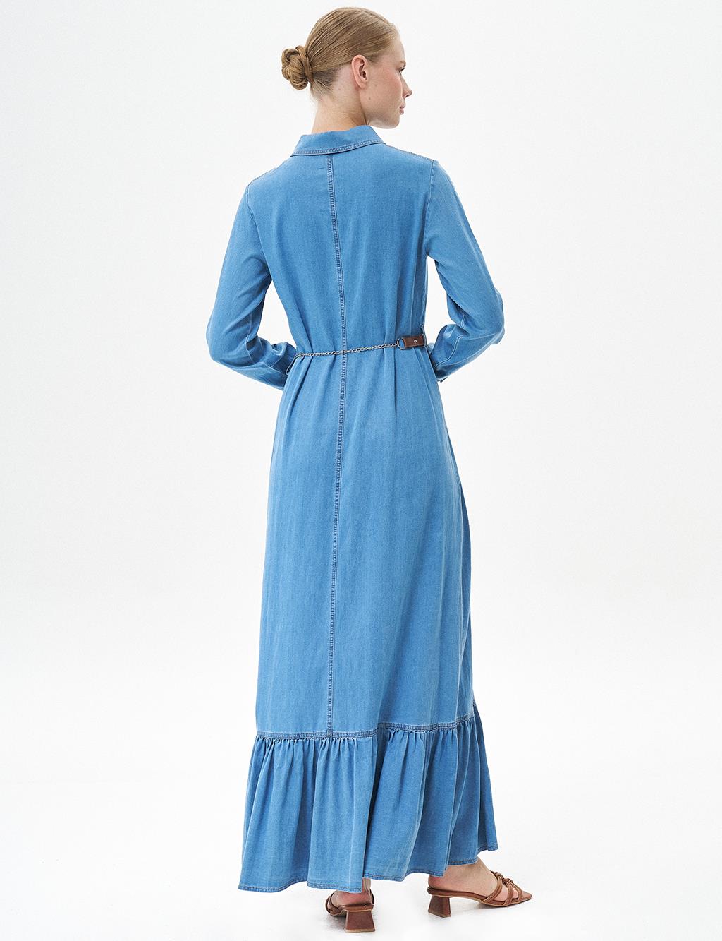 Chain Belted Lyocell Dress Blue