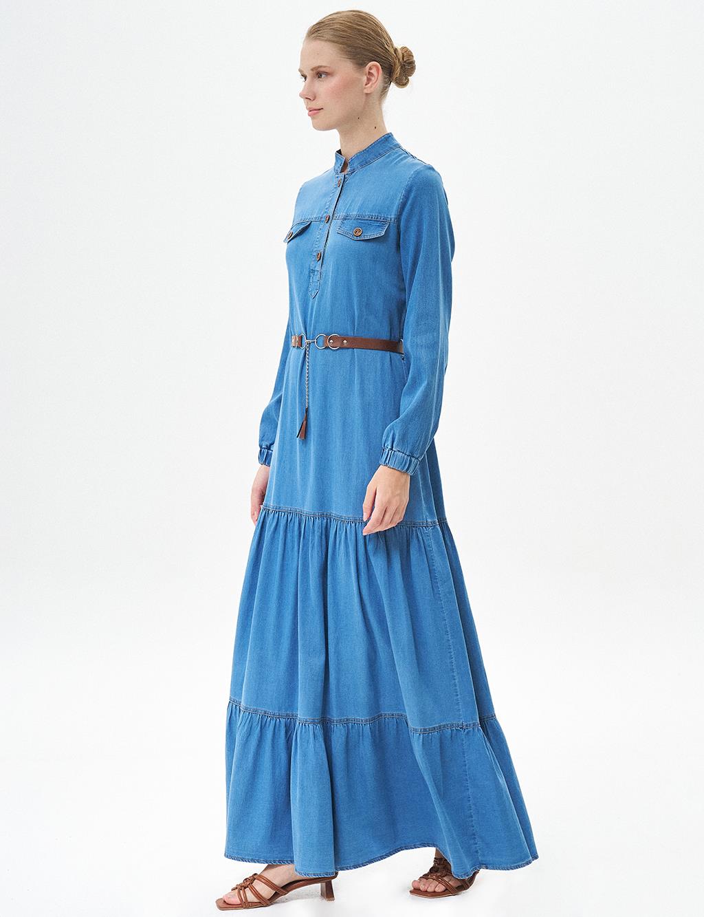 Fringed Skirt Half Placket Button Closure Lyocell Dress Blue