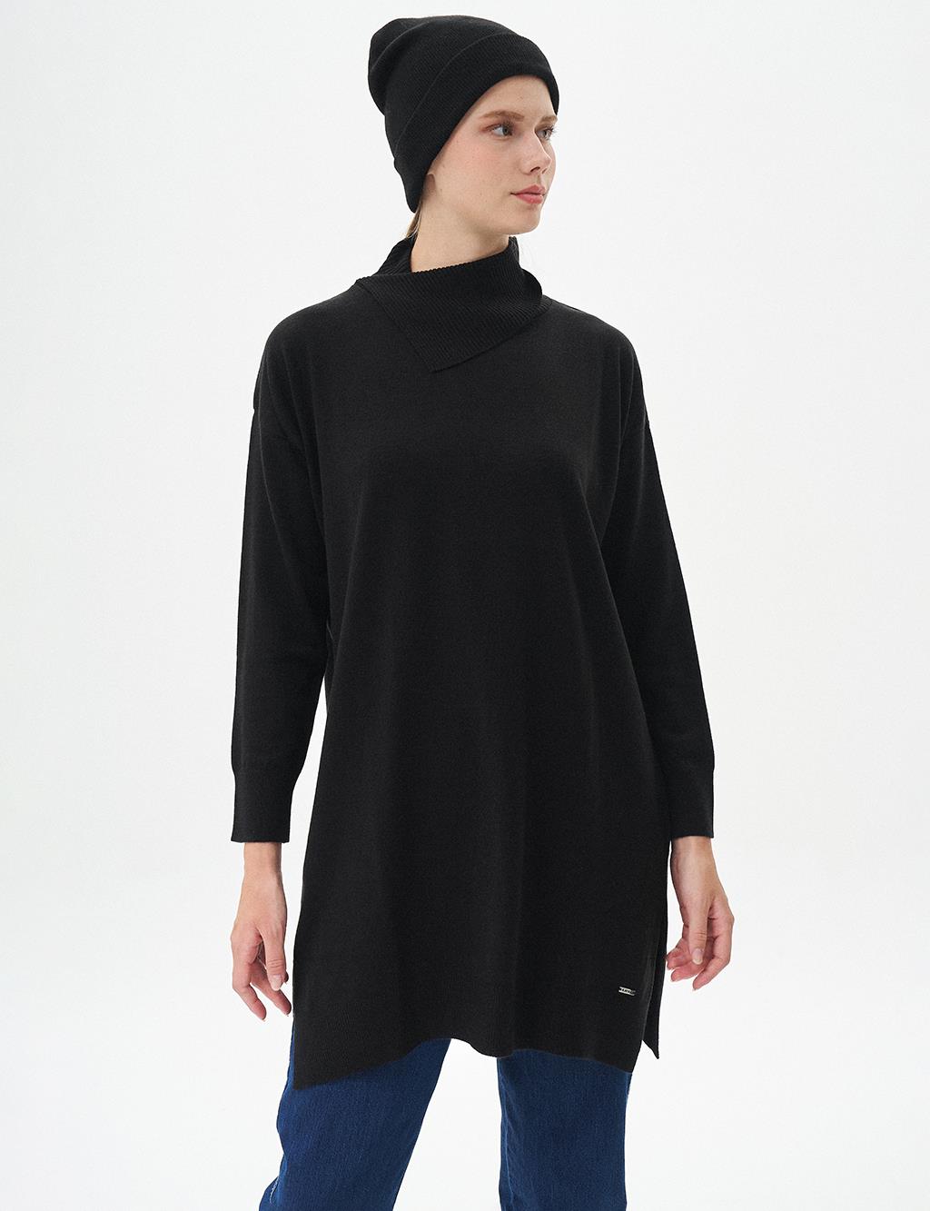 Side Turn-down Collar Knit Tunic Black