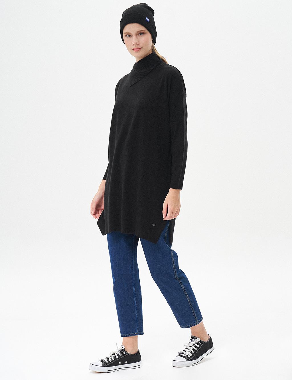 Side Turn-down Collar Knit Tunic Black