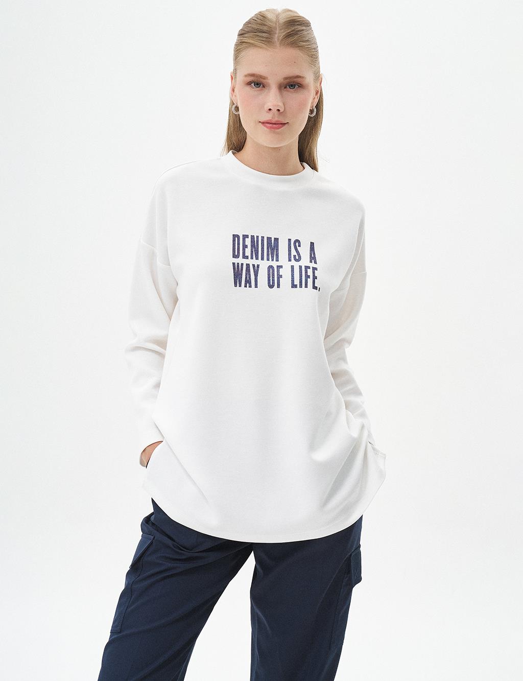 Slogan Yazılı Scuba Sweatshirt Optik Beyaz 