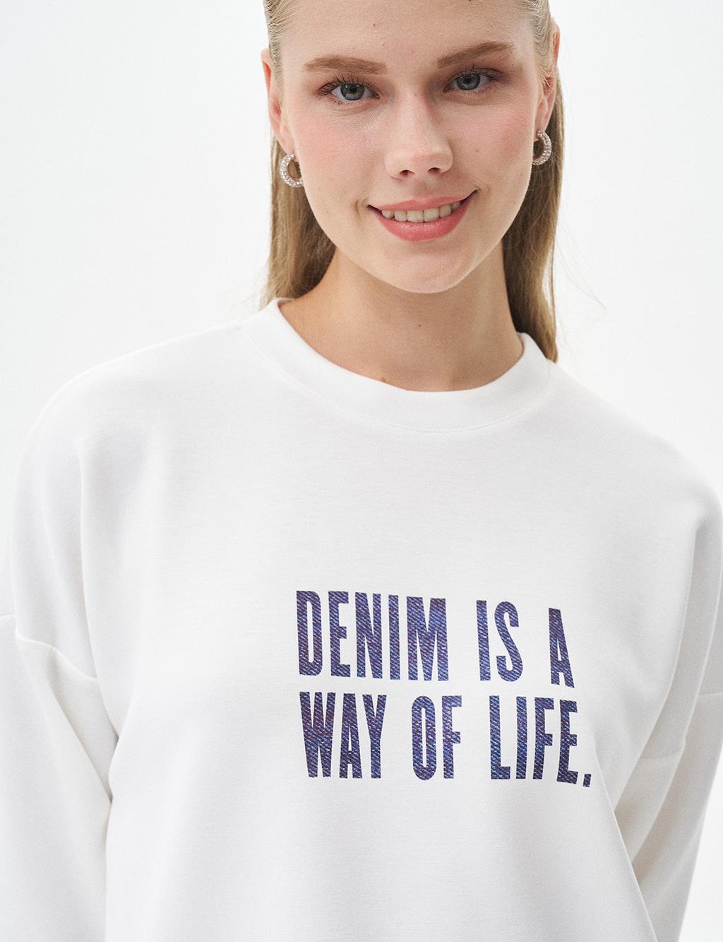 Slogan Yazılı Scuba Sweatshirt Optik Beyaz 