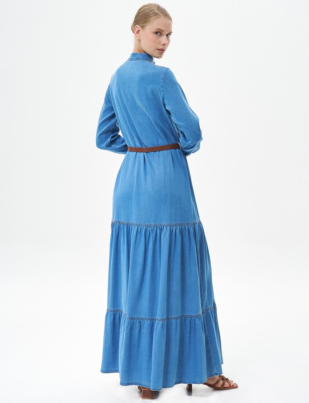Fringed Skirt Half Placket Button Closure Lyocell Dress Blue