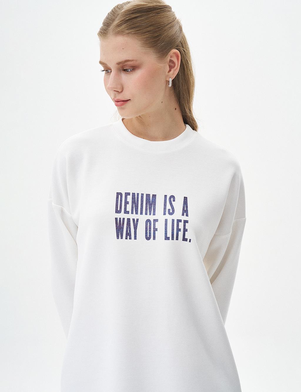 Slogan Yazılı Scuba Sweatshirt Optik Beyaz 