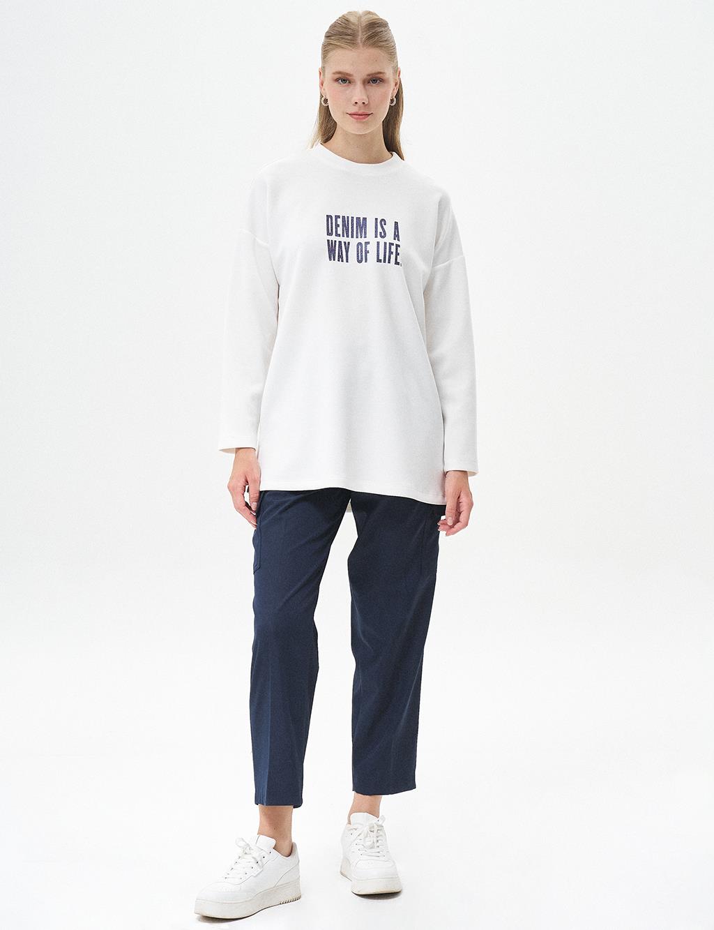 Slogan Yazılı Scuba Sweatshirt Optik Beyaz 