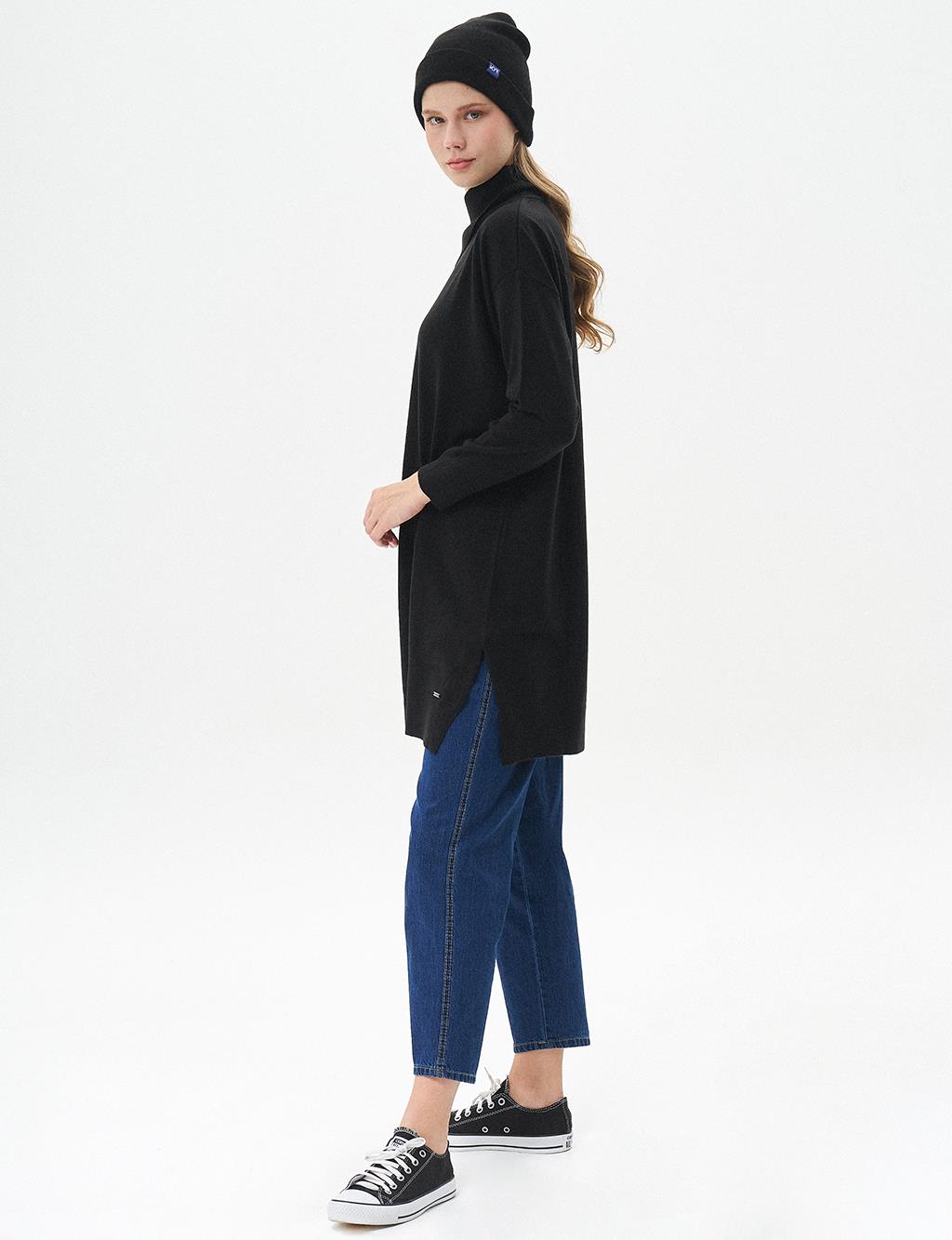 Side Turn-down Collar Knit Tunic Black