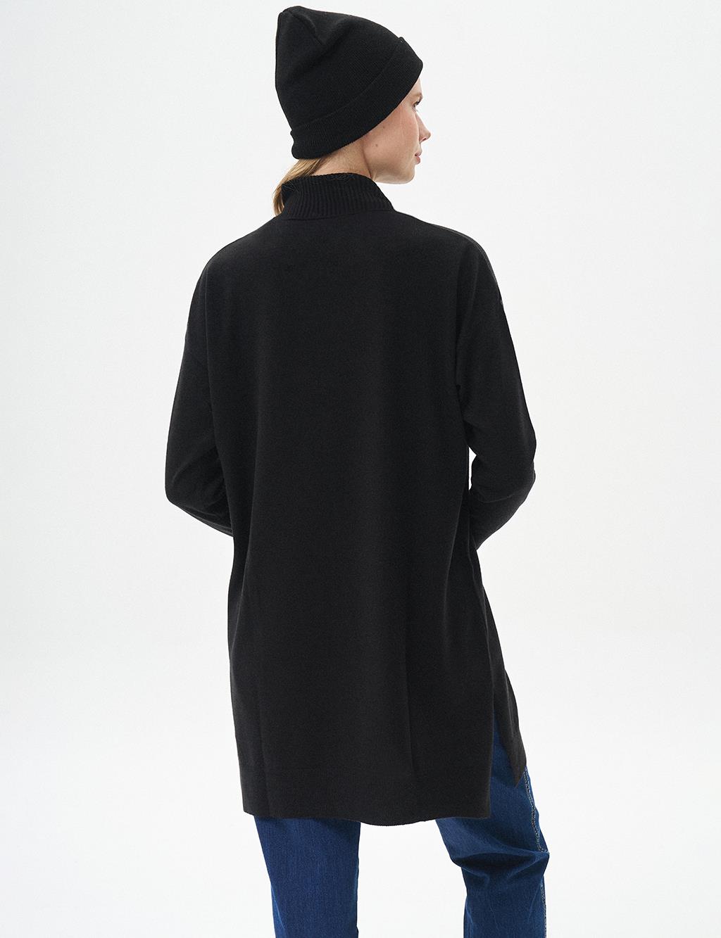 Side Turn-down Collar Knit Tunic Black