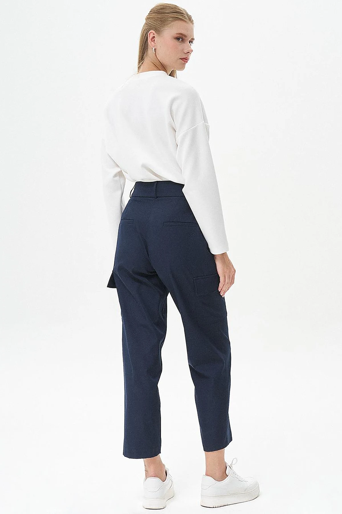 Detailed Pocket High-Waisted Pants Dark Navy